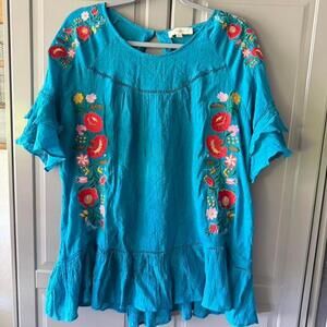 Umgee Blue Blouse with Floral Embroidery